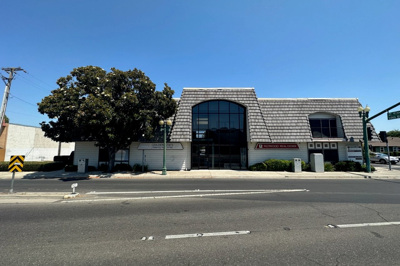 Exterior of the Golden State Hearing Aid Center office building and signage in Modesto, California