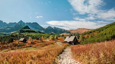 A stone pathway winds through a golden autumn mountain valley past small wooden cabins